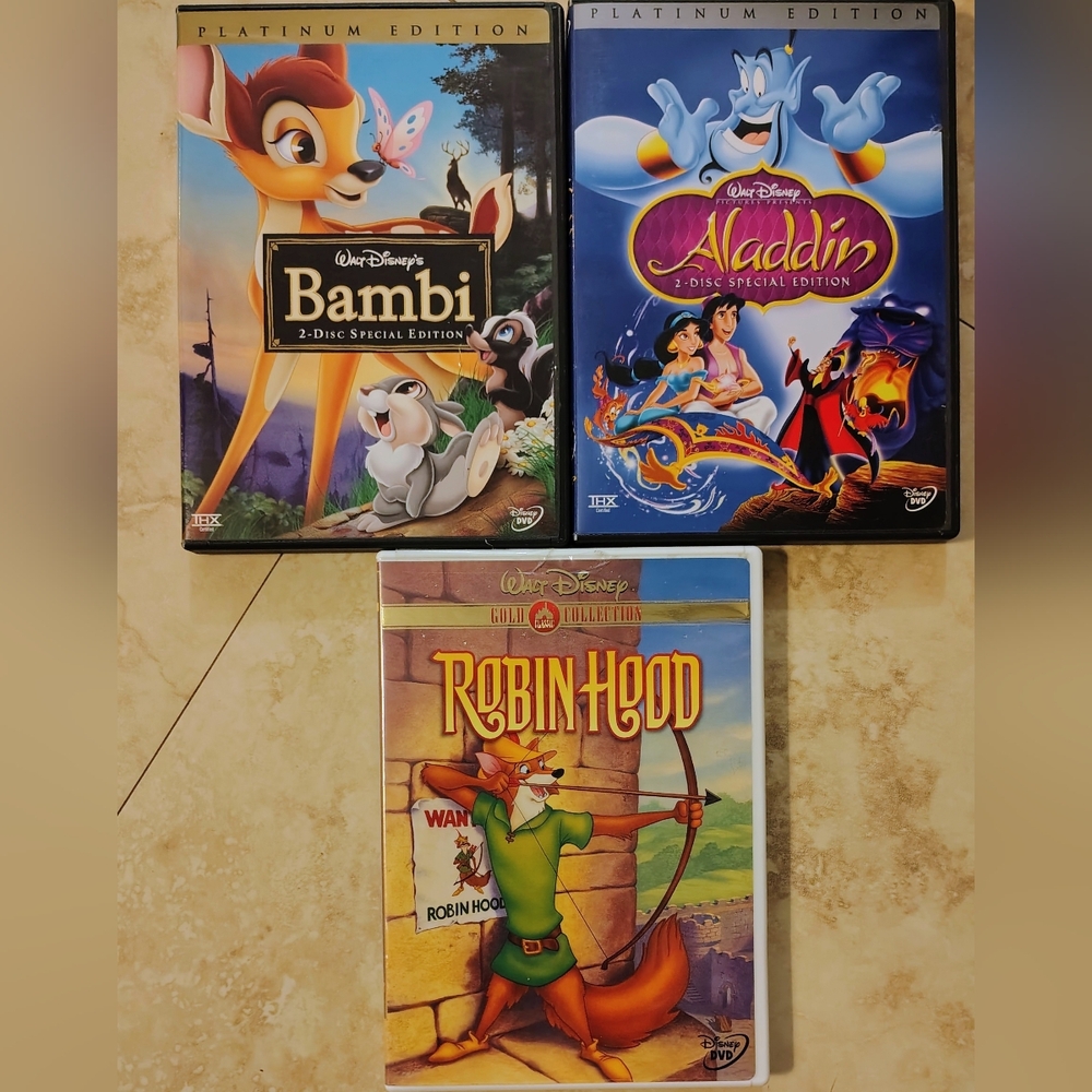 Disney DVD Lot Of 3 Classics: Bambi, Robin Hood & Aladdin Platinum Editions